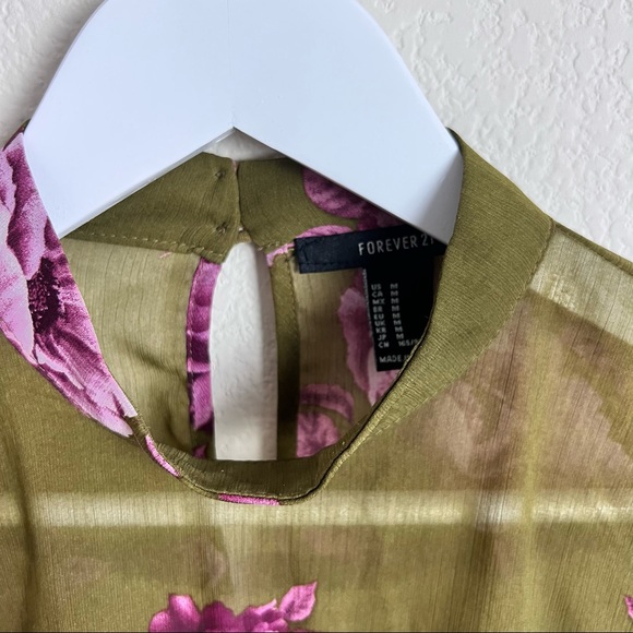 Olive Green & Fuchsia Floral Long Sleeve Ruffle Ruched Layered Blouse - Picture 12 of 13